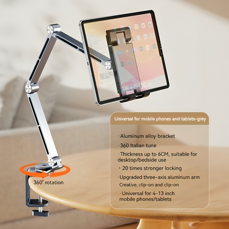 Eleganter Aluminium Tablet- & Handy Ständer. Ergonomisch, einstellbar & 360° drehbar für komfortables Sehen.