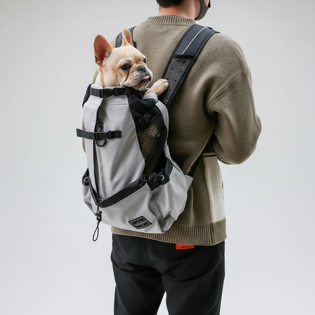Atmungsaktiver CompanionPack Hunderucksack, ergonomisch und komfortabel für Hunde und Halter auf Reisen.