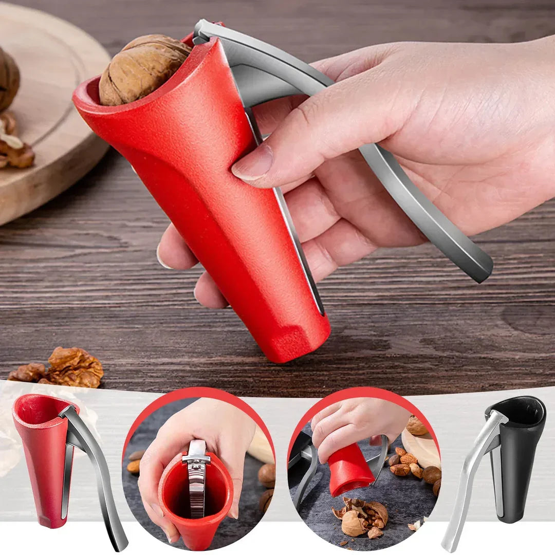 Ergonomischer Nussknacker aus robustem Metall in Rot-Schwarz zum mühelosen Knacken von Walnüssen & Haselnüssen.