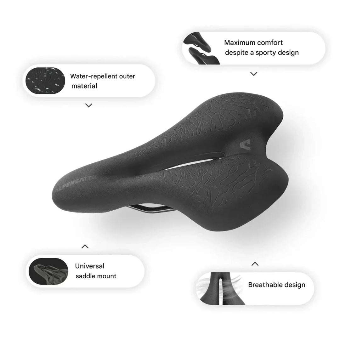 Unisex Fahrradsattel mit Memory Foam auf einem Fahrrad montiert, betont ergonomisches Design für hohen Fahrkomfort.