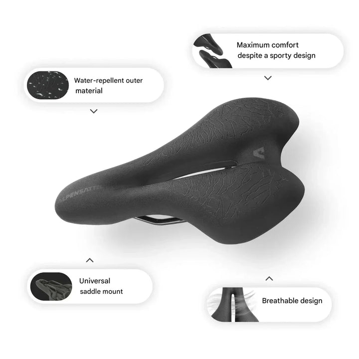 Unisex Fahrradsattel mit Memory Foam auf einem Fahrrad montiert, betont ergonomisches Design für hohen Fahrkomfort.