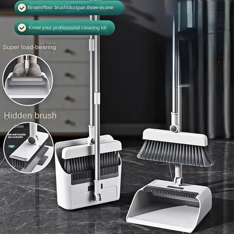 Ergonomisches 3-in-1 Besen & Kehrblech-Set in Grau-Weiß für mühelose Bodenreinigung.