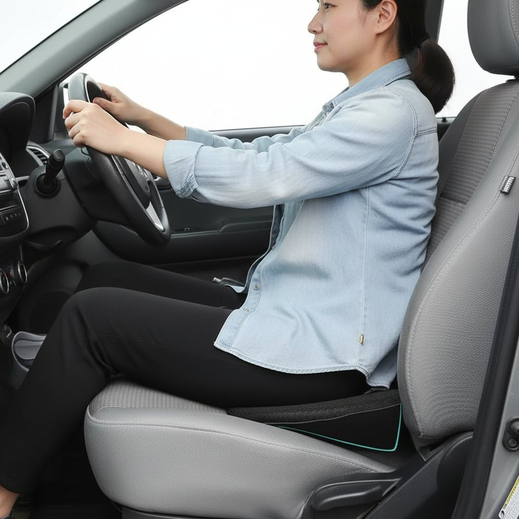 Lendenstützkissen aus Memory-Schaum, ergonomisch geformt für optimalen Fahrkomfort im Auto oder Bürostuhl.