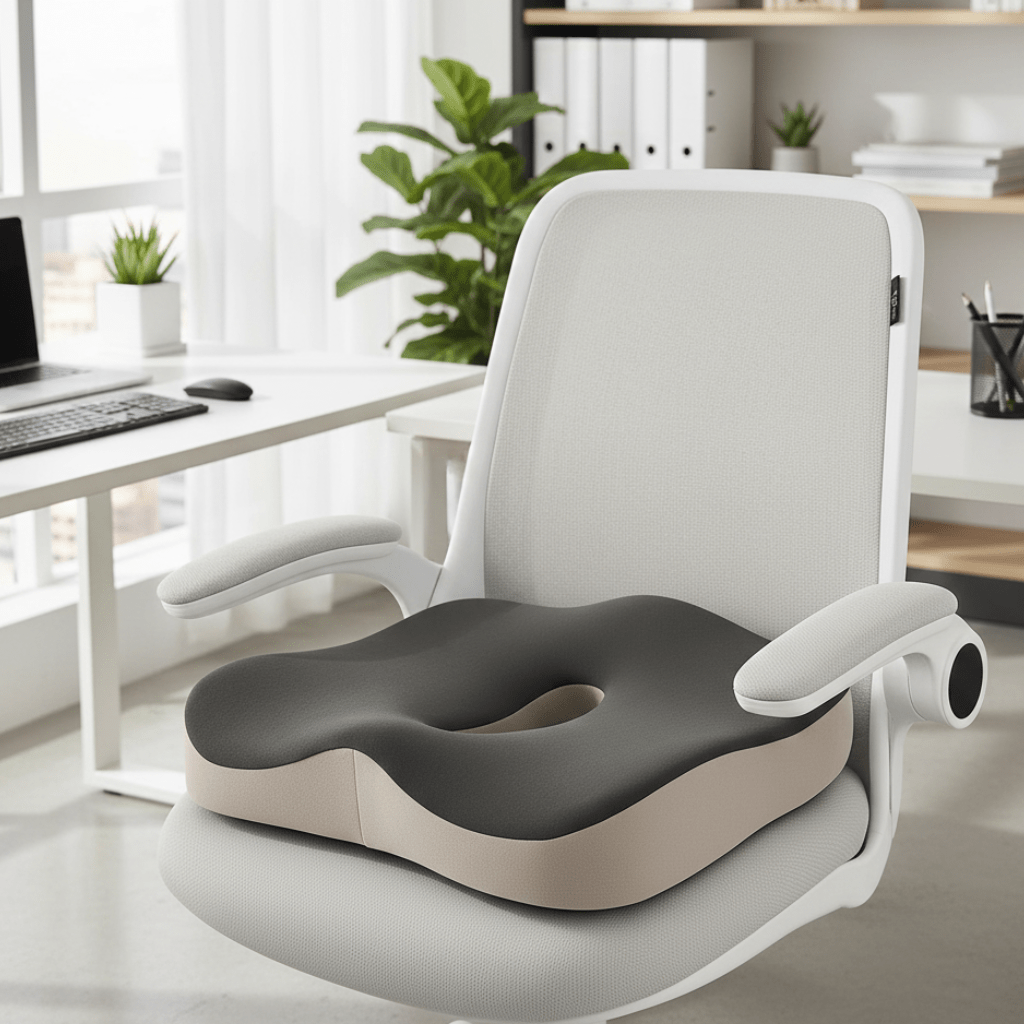 Ergonomisches Bürositzkissen mit Memory-Schaum & Lendenstütze für optimalen Sitzkomfort im Homeoffice.