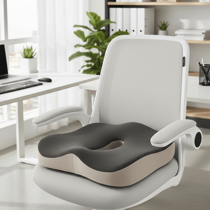 Ergonomisches Bürositzkissen mit Memory-Schaum & Lendenstütze für optimalen Sitzkomfort im Homeoffice.