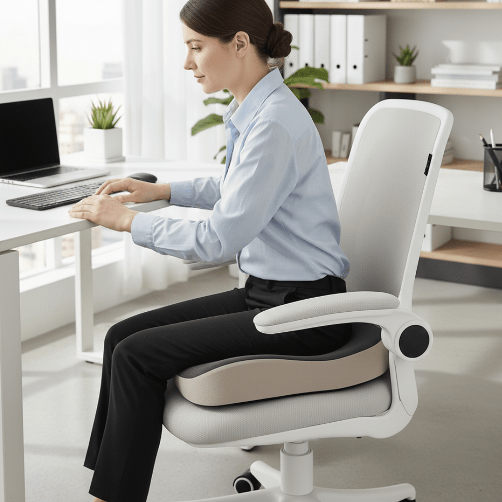 Komfortables Memory-Schaum-Sitzkissen mit Lendenstütze, ergonomisch geformt für Homeoffice & Arbeitsplatz.