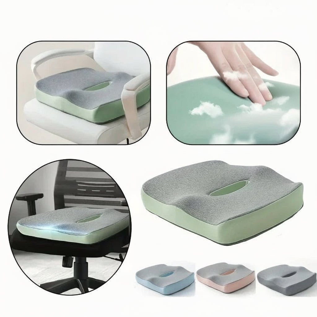 Vorderansicht des ergonomischen Memory-Schaum-Bürositzkissens mit integrierter Lendenstütze für Komfort.