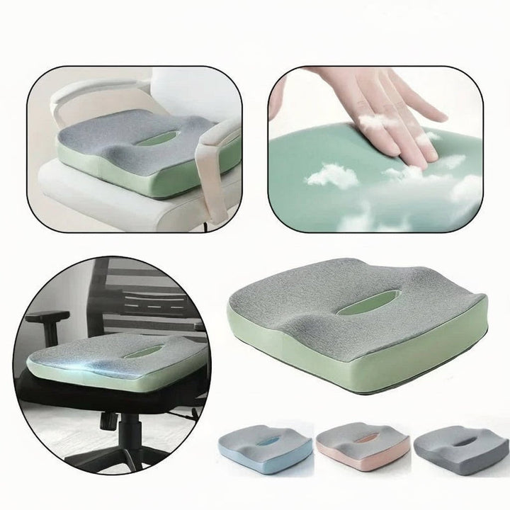 Vorderansicht des ergonomischen Memory-Schaum-Bürositzkissens mit integrierter Lendenstütze für Komfort.