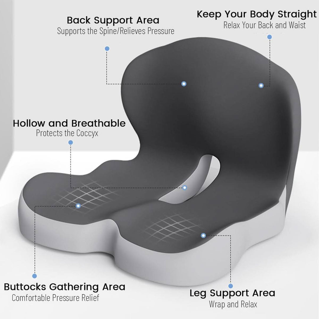 Konturiertes Memory Foam Sitzkissen für optimale Druckverteilung, Entlastung der Wirbelsäule und Hüfte.