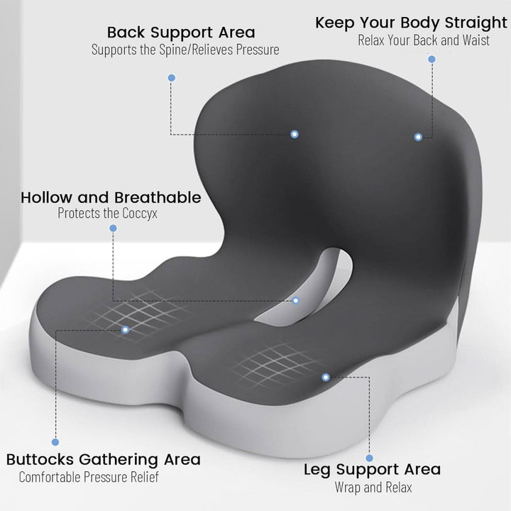 Konturiertes Memory Foam Sitzkissen für optimale Druckverteilung, Entlastung der Wirbelsäule und Hüfte.