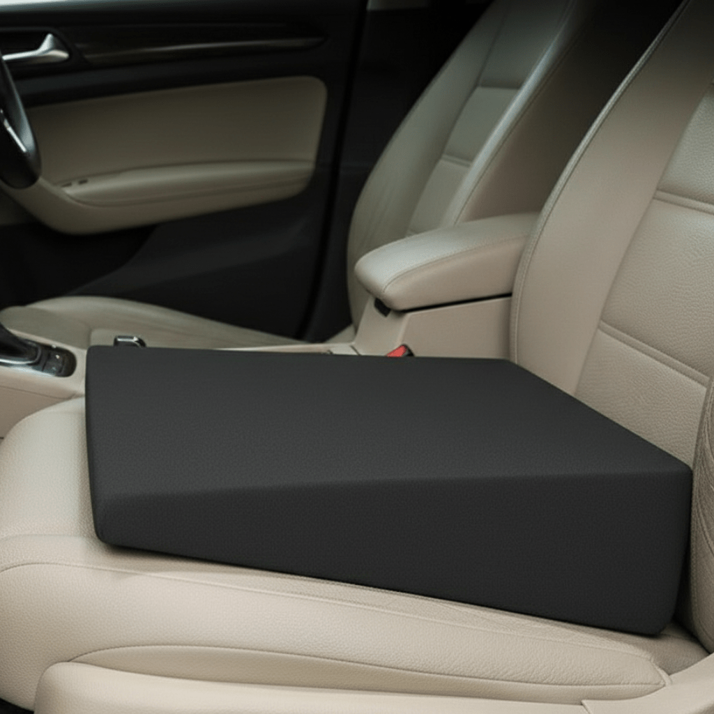 Ergonomisches Memoryschaum Autositzkissen für Höhenausgleich, Komfort und Druckentlastung beim Autofahren.