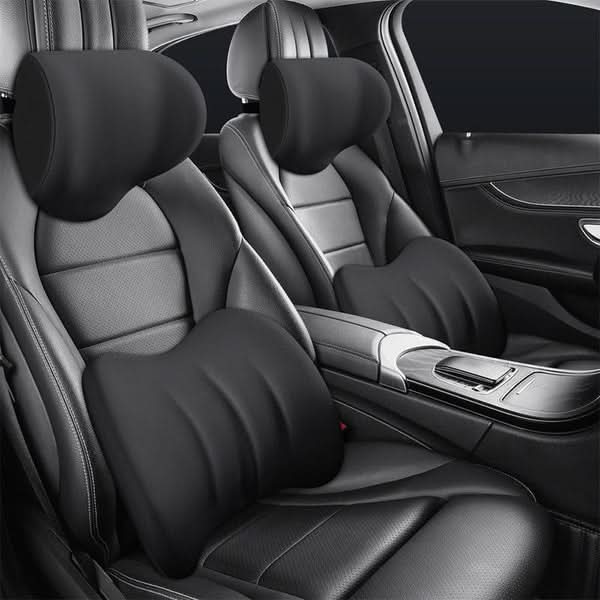 Zwei ergonomische Komfortkissen aus Memoryschaum: Nacken- & Lendenkissen für Auto, Büro und besseren Sitzkomfort.