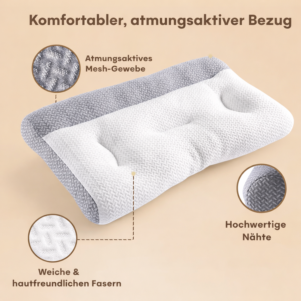 Schmerzfreier Schlaf mit ergonomischem Nackenkissen; atmungsaktiv, ideal für Rücken- & Seitenschläfer.