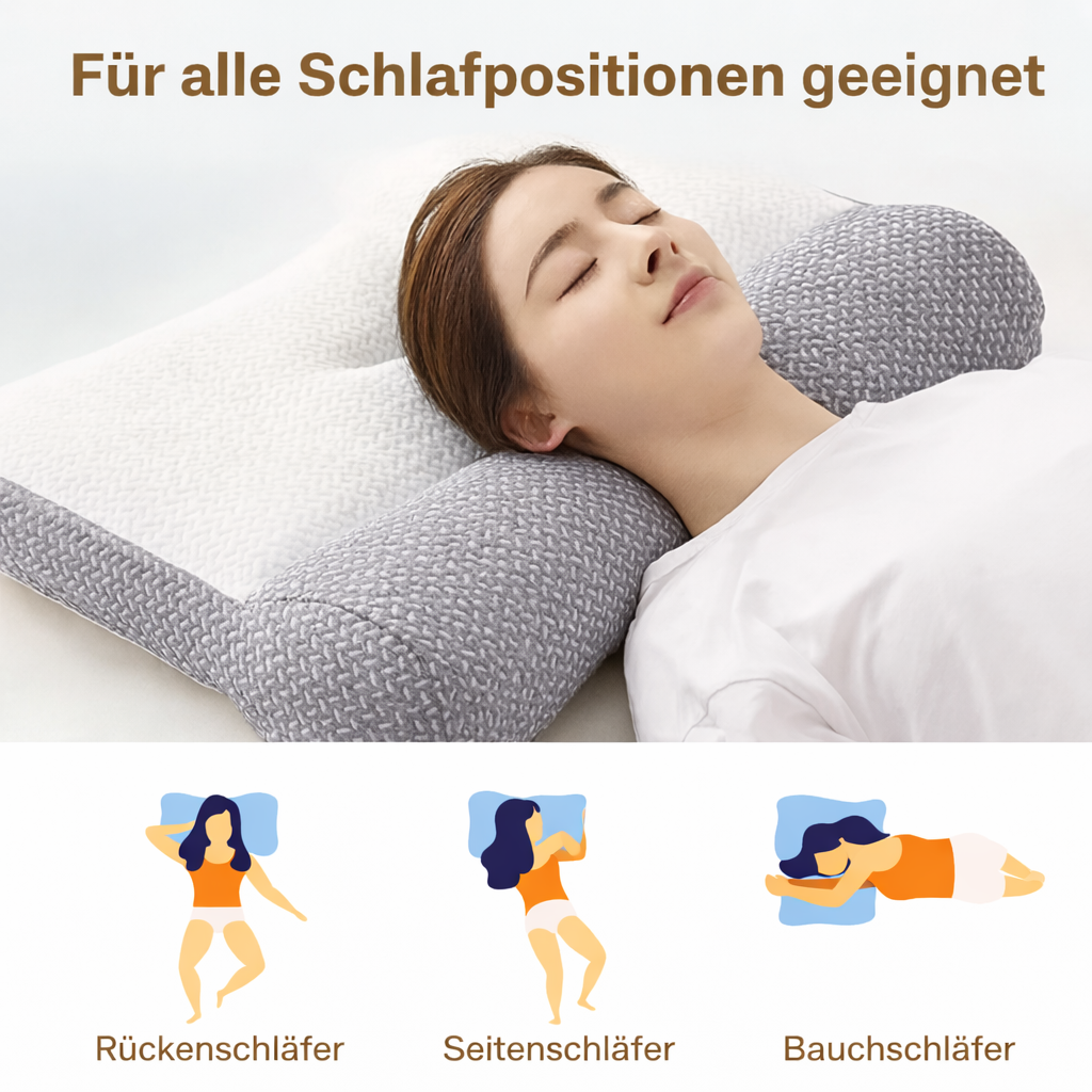 Grau-weißes, ergonomisches Nackenkissen für Nackenstütze, optimal für Seitenschläfer & Rückenschläfer.