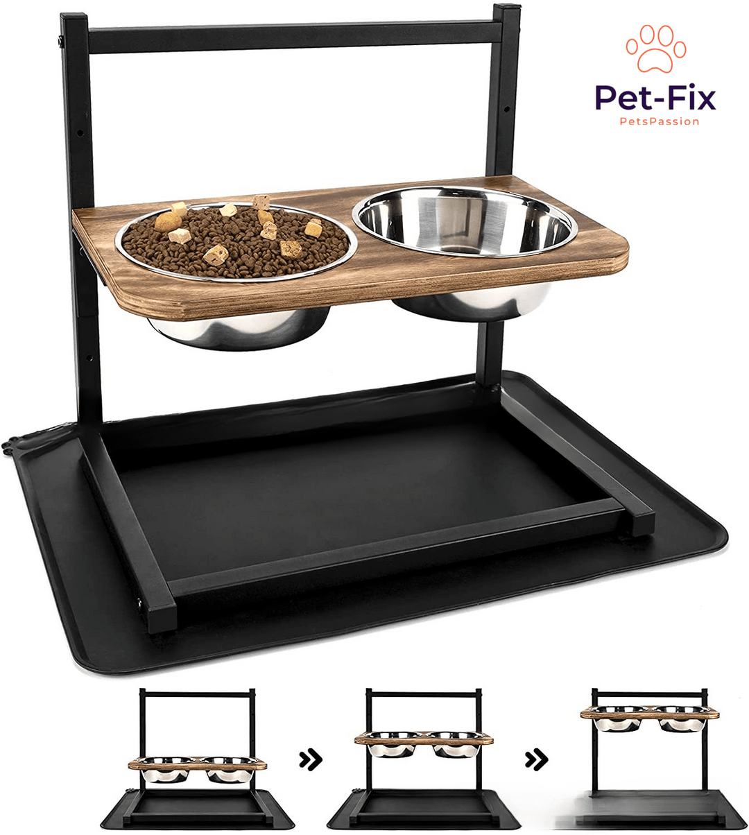 Ergonomische Hundefutterstation mit zwei Edelstahlnäpfen, erhöht für große Hunde.