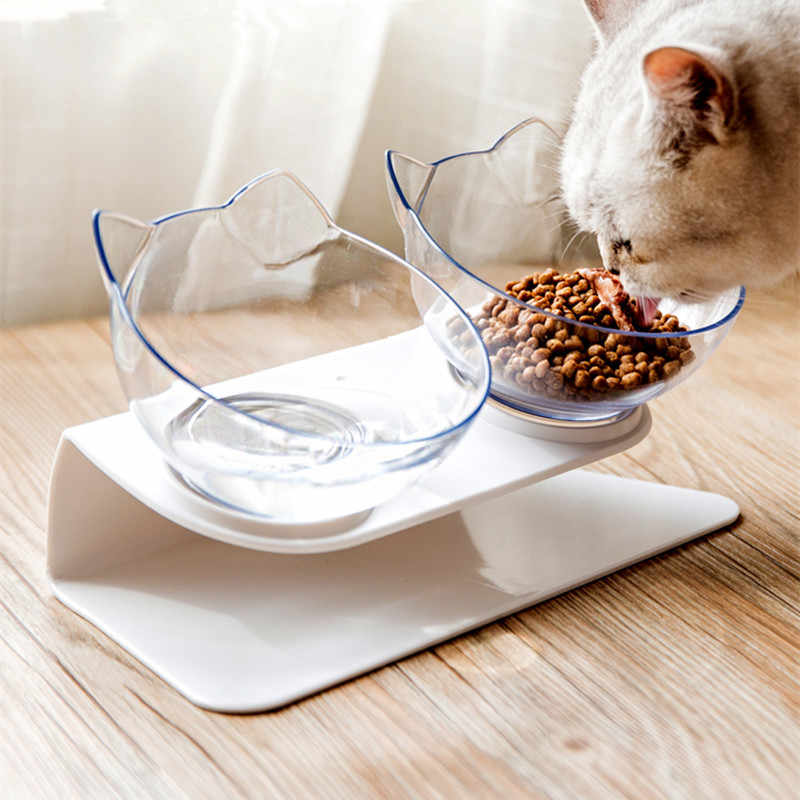 Ergonomische erhöhte Katzenfutterstation mit transparenten Polycarbonat-Näpfen. Rutschfest für gesunde Haltung.
