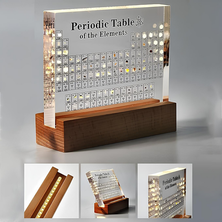 Beleuchtetes Periodensystem mit 83 echten Elementen & LED-Licht. Ein Muss für Chemie-Fans.