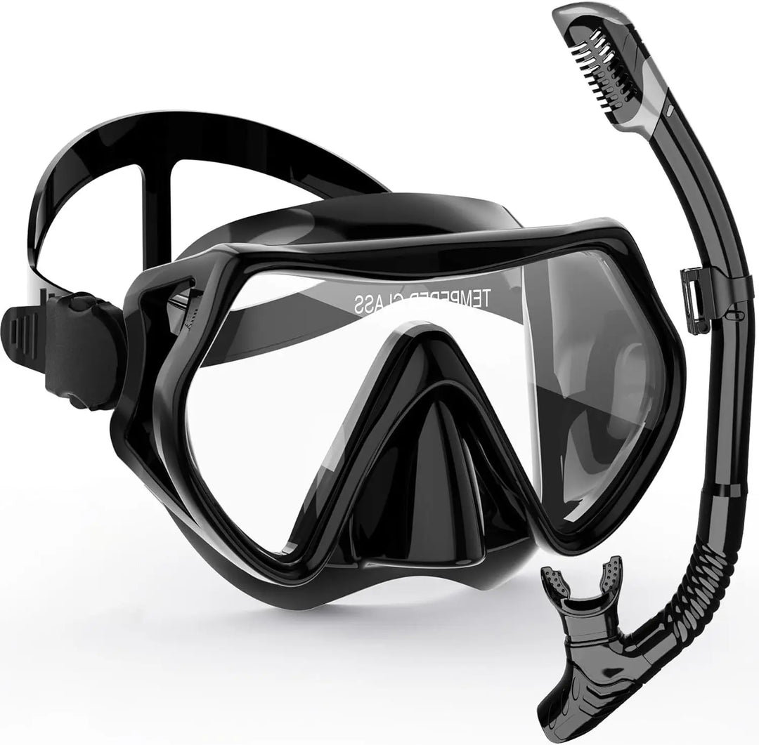 Schwarzes Erwachsenen Schnorchelset mit Anti-Beschlag Tauchmaske & Trockenschnorchel. Ideal für Strand & Urlaub.