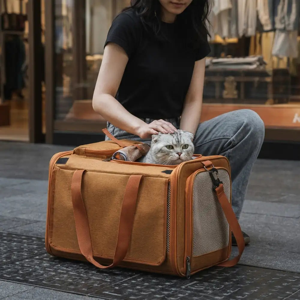 Graue Tiertransportbox für Katzen, faltbar und erweiterbar, ideal für sicheres Reisen und Tierwohl.