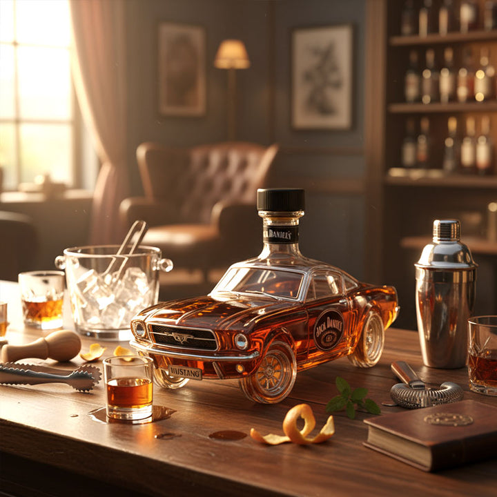 Edler Whisky Dekanter im Automobil-Design, gefüllt mit goldener Spirituose, ein Luxus-Blickfang für jede Bar.