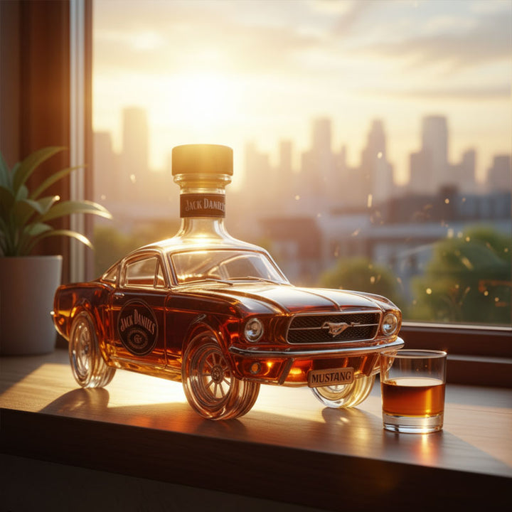 Stilvolles Barzubehör: Glas-Whiskykaraffe in Sportwagenform auf einer eleganten Bar-Oberfläche.