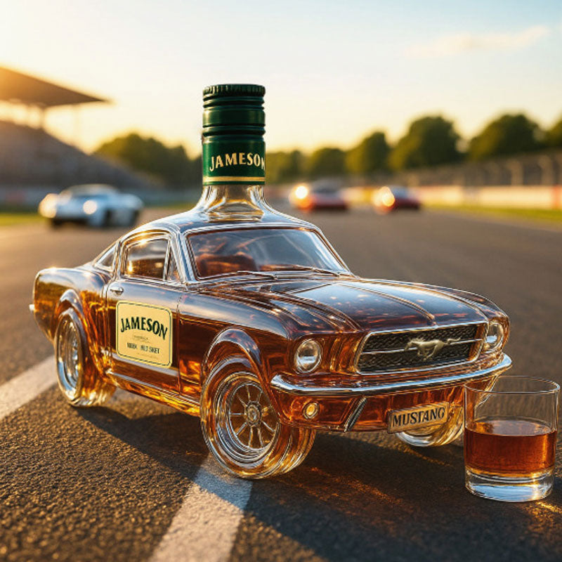 Luxuriöser Whisky Dekanter in Sportwagen-Silhouette, ein exklusives Deko-Element für moderne Hausbars.