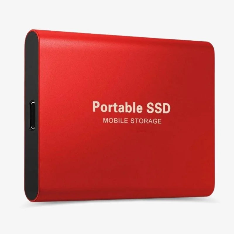 Rote externe 128GB SSD, Aluminiumgehäuse, mobil & robust für den täglichen Datentransport.