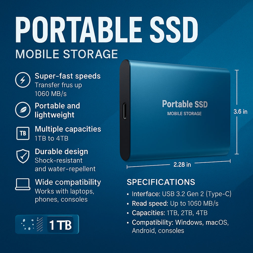 Externe SSD Festplatte 128GB aus Aluminium, ultraschnell für digitale Daten.