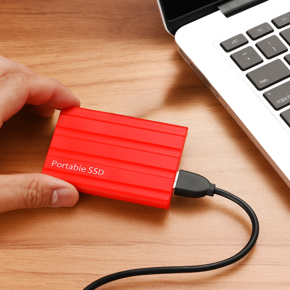 Externe SSD Festplatte für schnellen Datentransfer, tragbaren und sicheren Speicher.