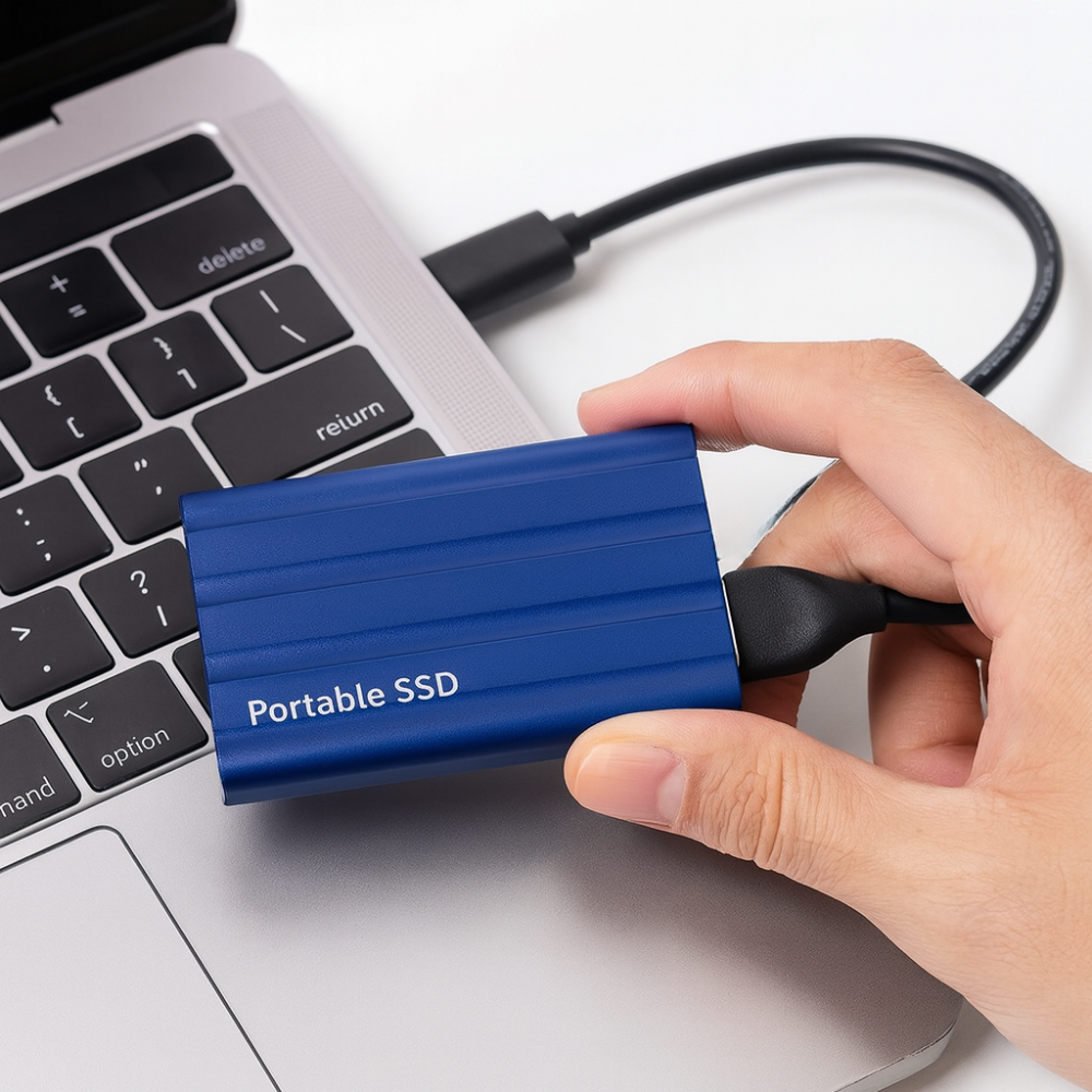 Solide Solid State Drive, extern und tragbar, ideal für schnellen Datentransfer per USB.