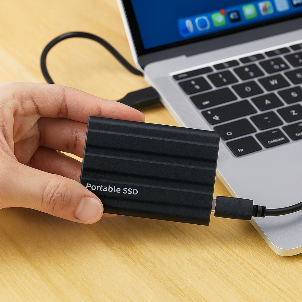 Schlanke externe SSD Festplatte, hochleistungsfähig, perfekt für unterwegs und schnelle Backups.