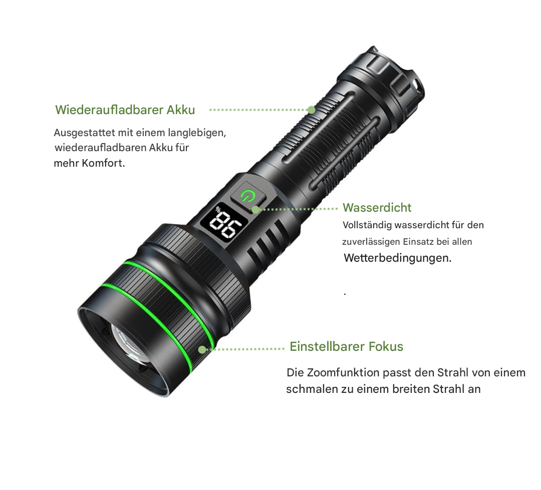 Leistungsstarke, extrem helle LED-Taschenlampe mit Zoomfunktion für optimale Ausleuchtung im Outdoor-Einsatz.