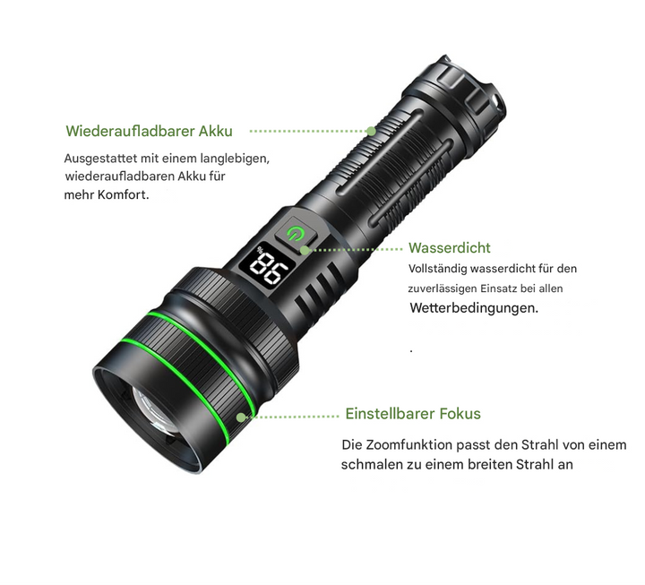 Leistungsstarke, extrem helle LED-Taschenlampe mit Zoomfunktion für optimale Ausleuchtung im Outdoor-Einsatz.