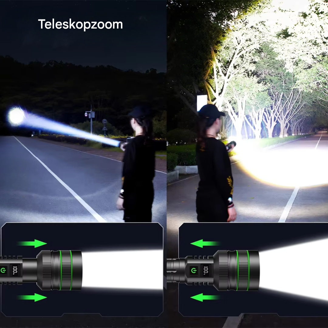 Wiederaufladbare LED-Taschenlampe mit Zoom für Notfälle, Camping & Wandern, extrem hell und robust.