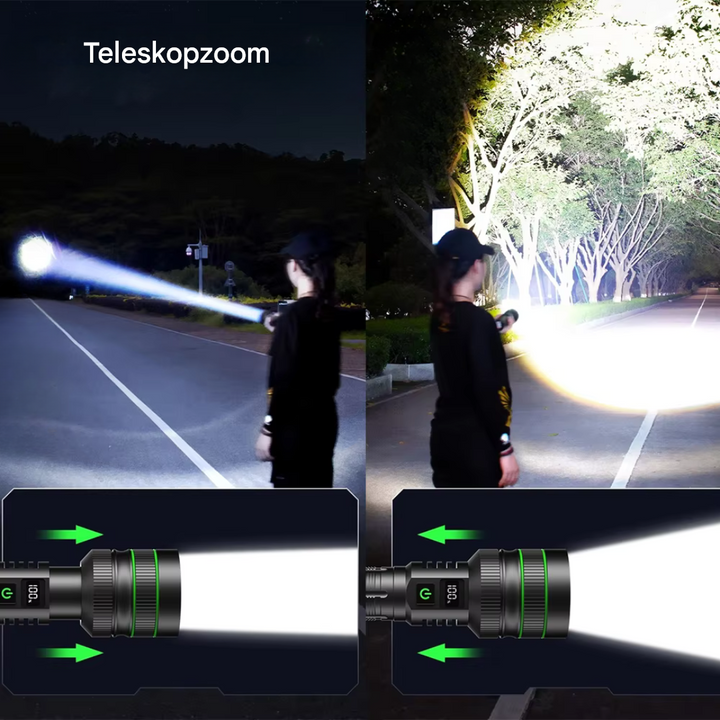 Wiederaufladbare LED-Taschenlampe mit Zoom für Notfälle, Camping & Wandern, extrem hell und robust.