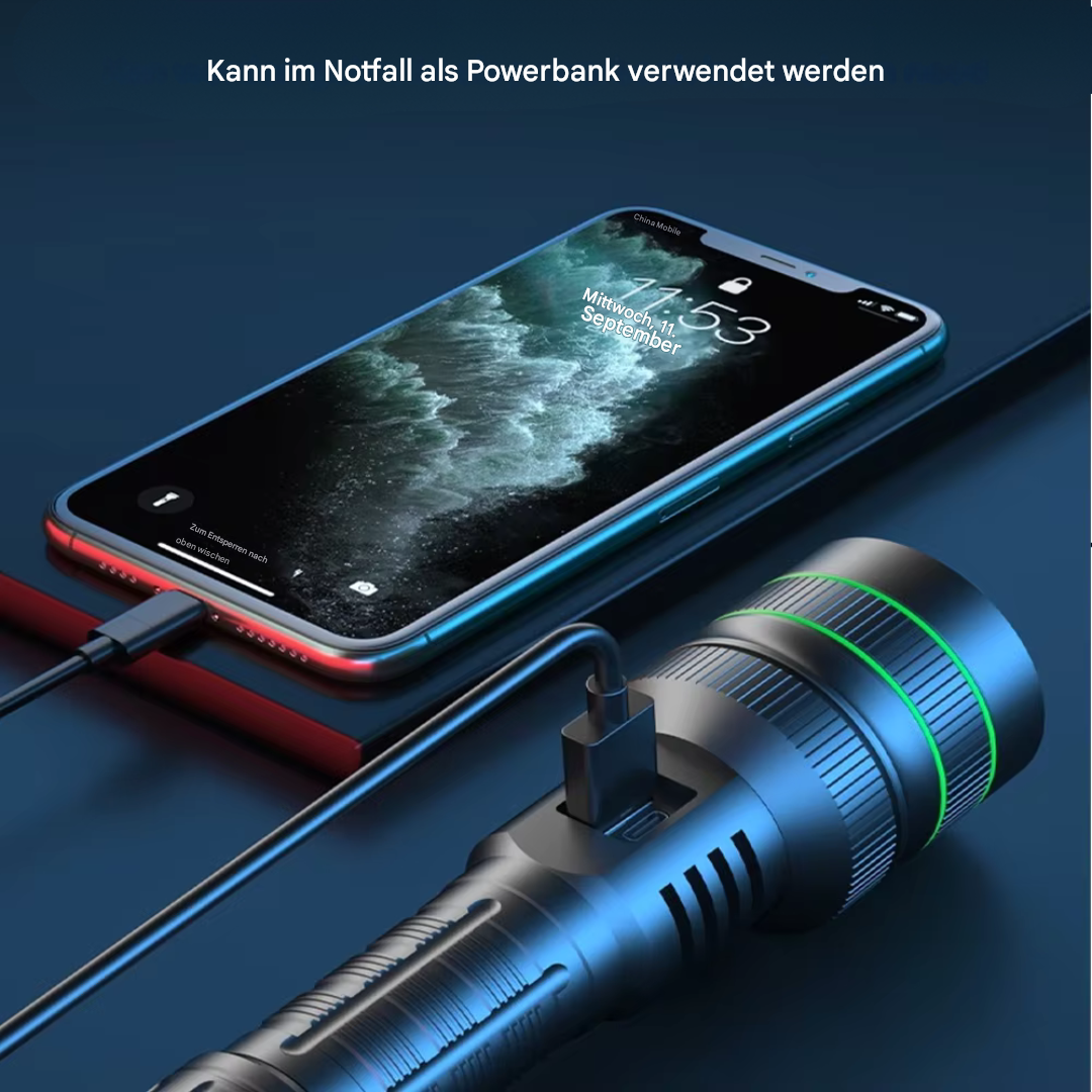 Hochleistungs-LED-Taschenlampe mit präzisem Zoom für Outdoor-Aktivitäten; hell, wasserdicht, wiederaufladbar.