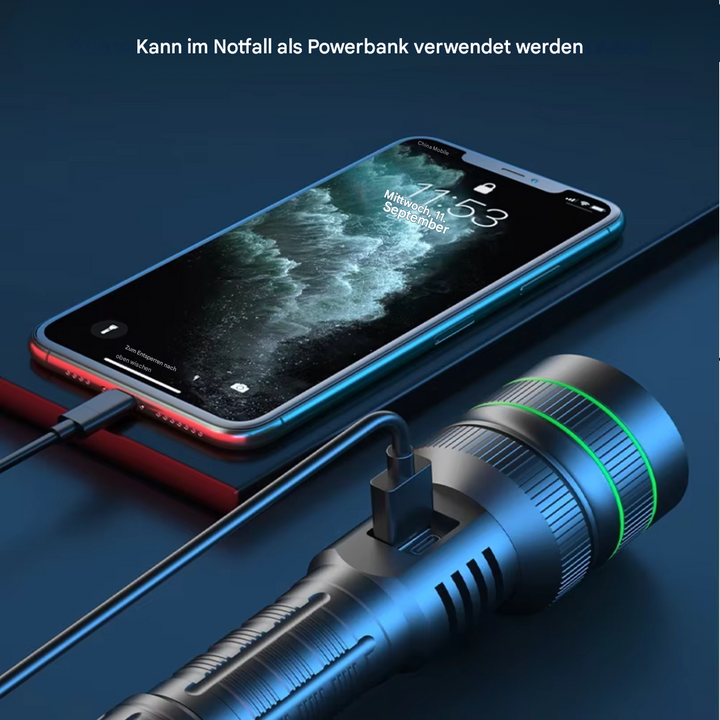 Hochleistungs-LED-Taschenlampe mit präzisem Zoom für Outdoor-Aktivitäten; hell, wasserdicht, wiederaufladbar.