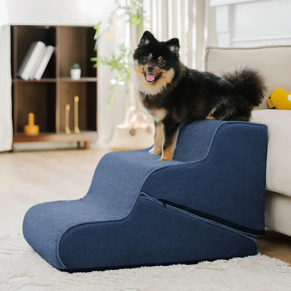 Kompakte faltbare Hundetreppe, wandelbar zur Rampe, orthopädisch, waschbar, für alte & kleine Hunde.