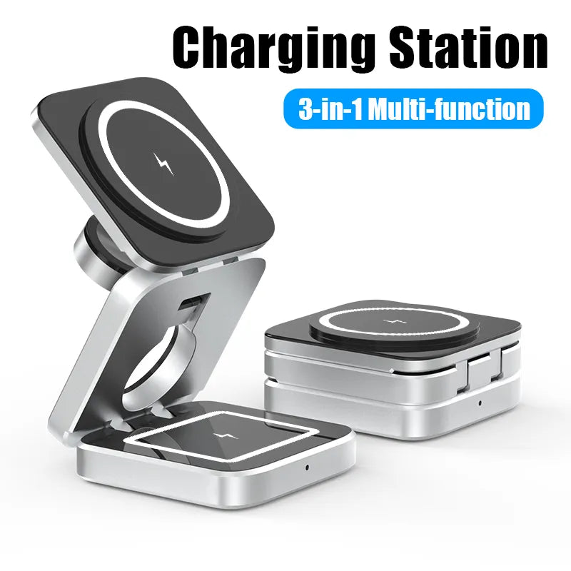 Faltbare 3-in-1 Magnet-Ladestation für kabelloses Aufladen von Smartphone, Smartwatch und Kopfhörern. Schnell und effizient.