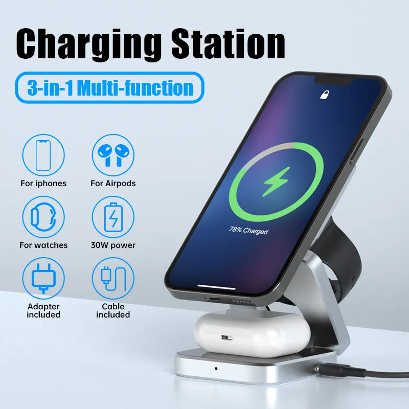 Kompakte, faltbare Magnet-Ladestation (3-in-1) für kabelloses Laden unterwegs. Ideal als Reiselader für alle Gadgets.