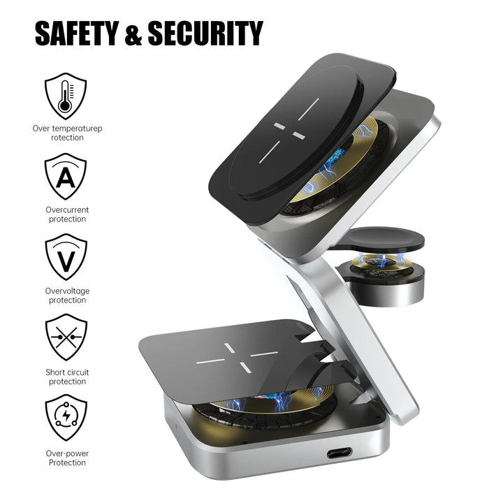 Drahtloses Schnellladegerät: faltbare 3-in-1 Magnet-Ladestation für iPhone, Apple Watch und AirPods. Platzsparend.