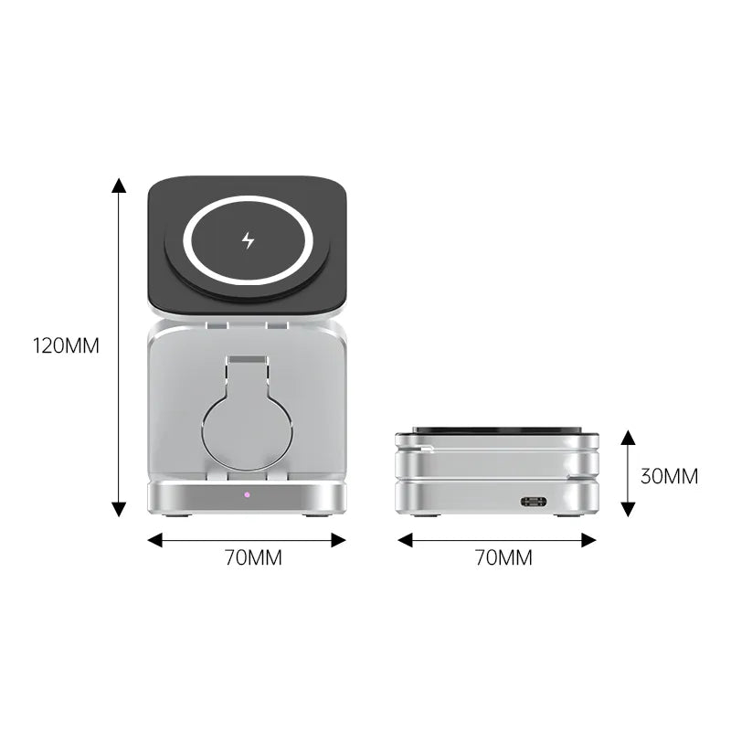 Magnetische, faltbare 3-in-1 Ladestation für sicheres und schnelles kabelloses Aufladen mehrerer Geräte gleichzeitig.