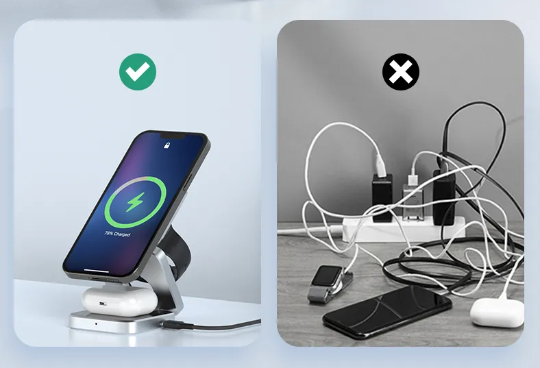 Faltbare 3-in-1 Magnet-Ladestation im Reisegepäck. Kompakter Reiselader für kabelloses Schnellladen.