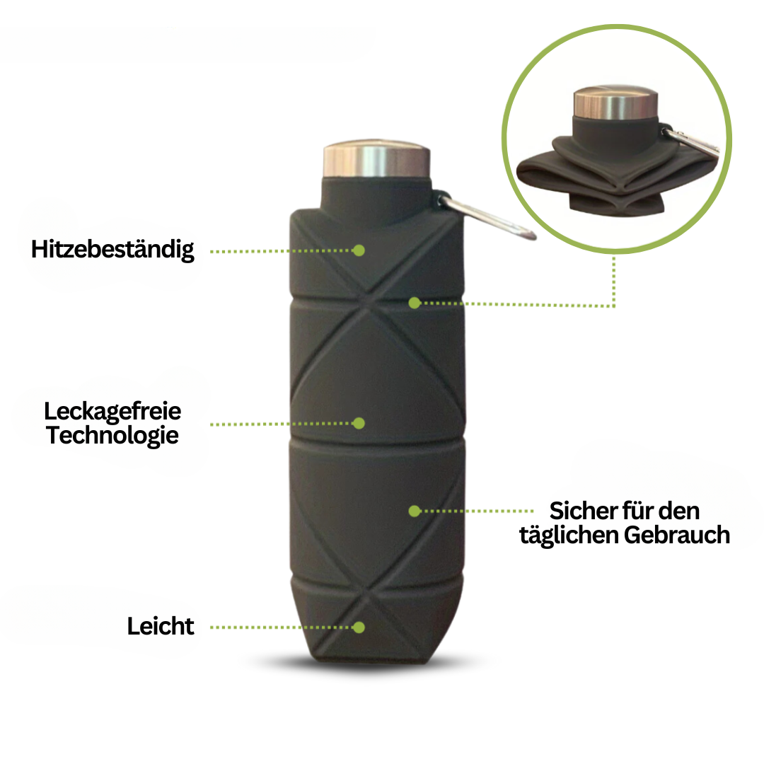 Wiederverwendbare 750 ml Faltflasche aus BPA-freiem Silikon. Perfekt als Sport- oder Reiseflasche für Hydrierung.