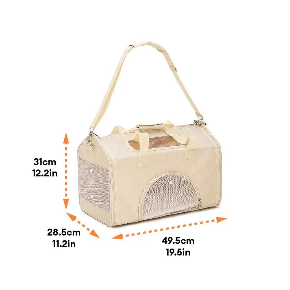 Gemütliche, atmungsaktive Haustiertransportbox mit einem zufriedenen Hund; ideal für sichere Reisen.