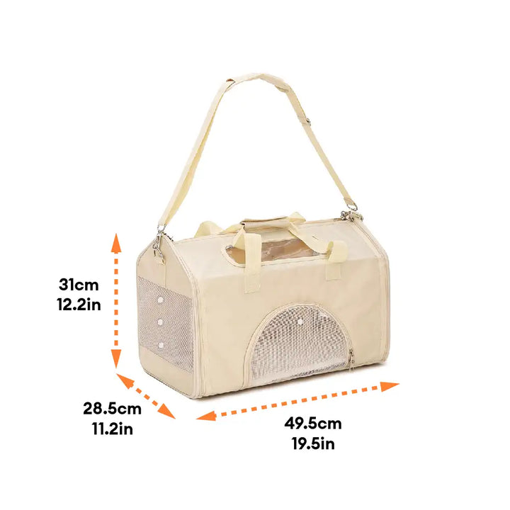 Gemütliche, atmungsaktive Haustiertransportbox mit einem zufriedenen Hund; ideal für sichere Reisen.