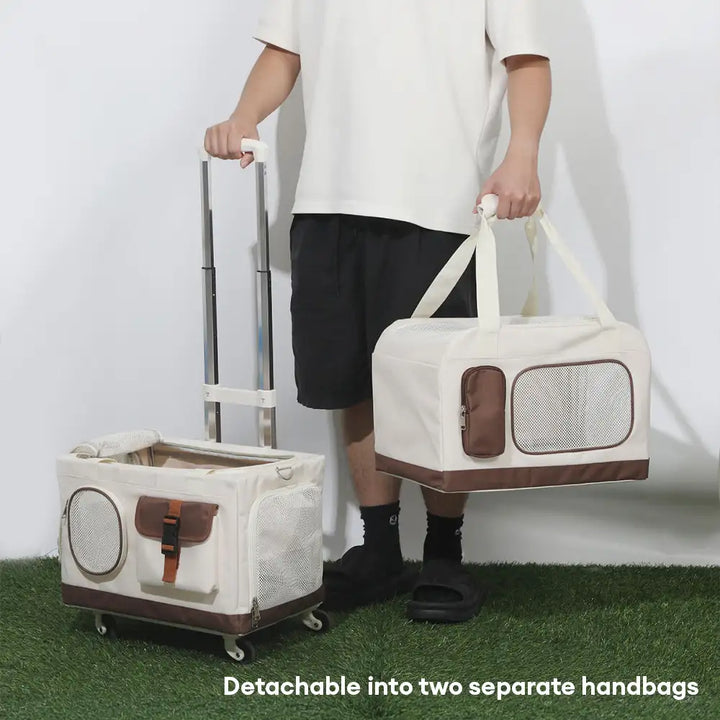 Moderne faltbare Tiertransportbox, doppellagig, mit Rollwagen; bequem für Katzenreisen.