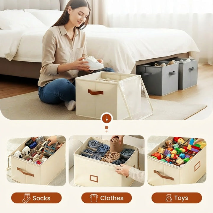 Beige Schuhbox faltbar, platzsparende Lösung für deine Schuhsammlung im Kleiderschrank.