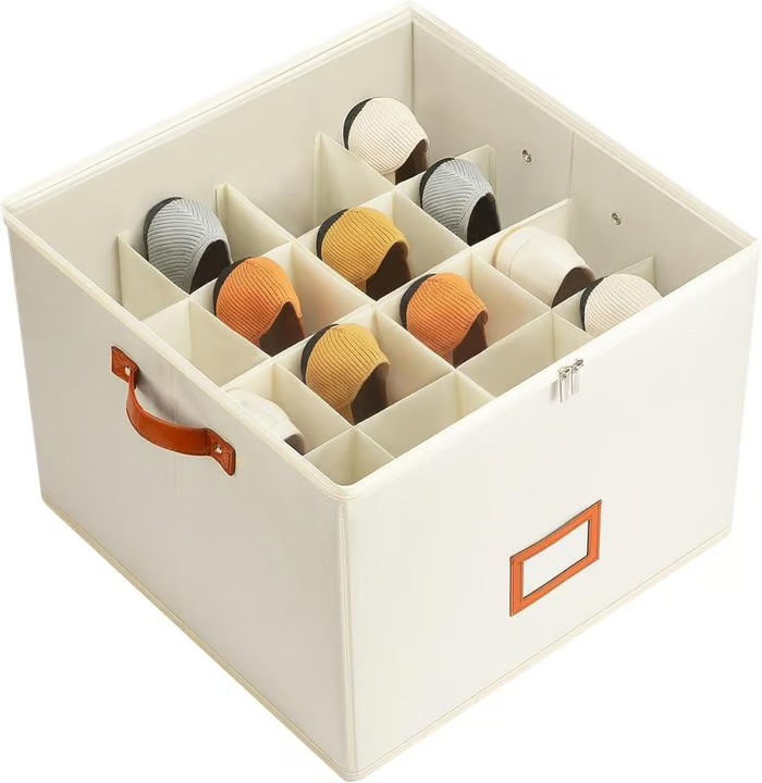 Multifunktionale faltbare Schuhbox, grau oder beige, für clevere Schuhaufbewahrung.