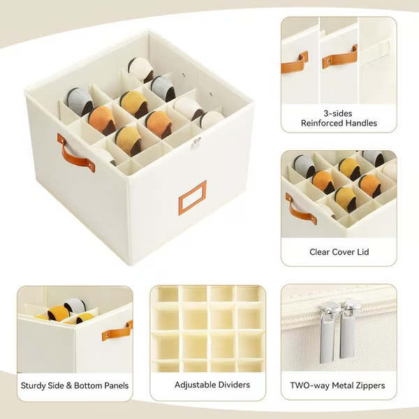 Beige faltbare Aufbewahrungsbox mit Deckel für Schuhordnung und Platzersparnis.